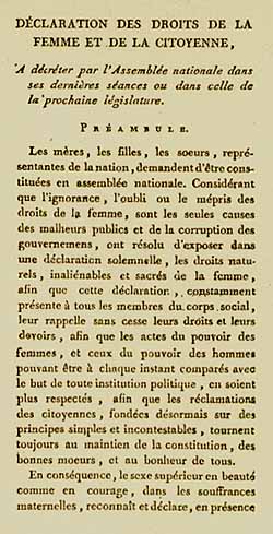 Fotografía del preámbulo de 'La Declaración de los Derechos de la Mujer y de la Ciudadana' (1791). Fuente Wikipedia. Fotografía del preámbulo de 'La Declaración de los Derechos de la Mujer y de la Ciudadana' (1791). Fuente Wikipedia.